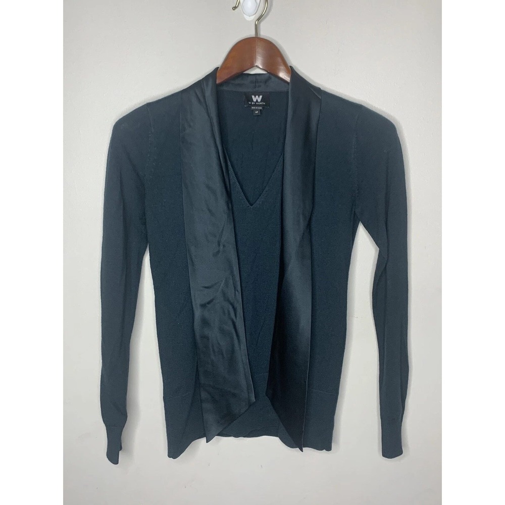 W by Worth Cardigan Womens XP Teal Wool Silk Trim Open Front Layered Luxe Office